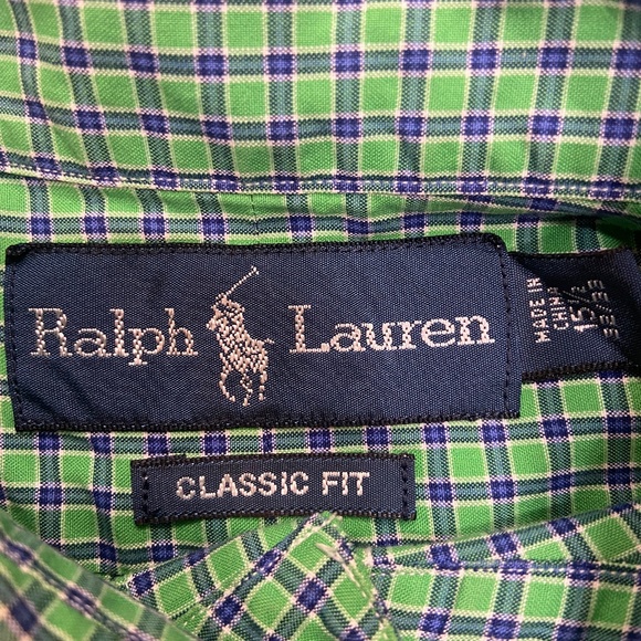 Ralph Lauren Polo Classic Fit Green & Blue Long-sleeve Button Down Mens  15.5 - Picture 3 of 9